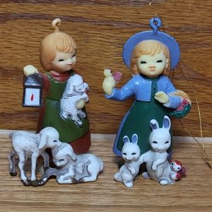 Vintage Bradford Hong Kong Hard Plastic Girls Christmas Ornaments Set Of 2.